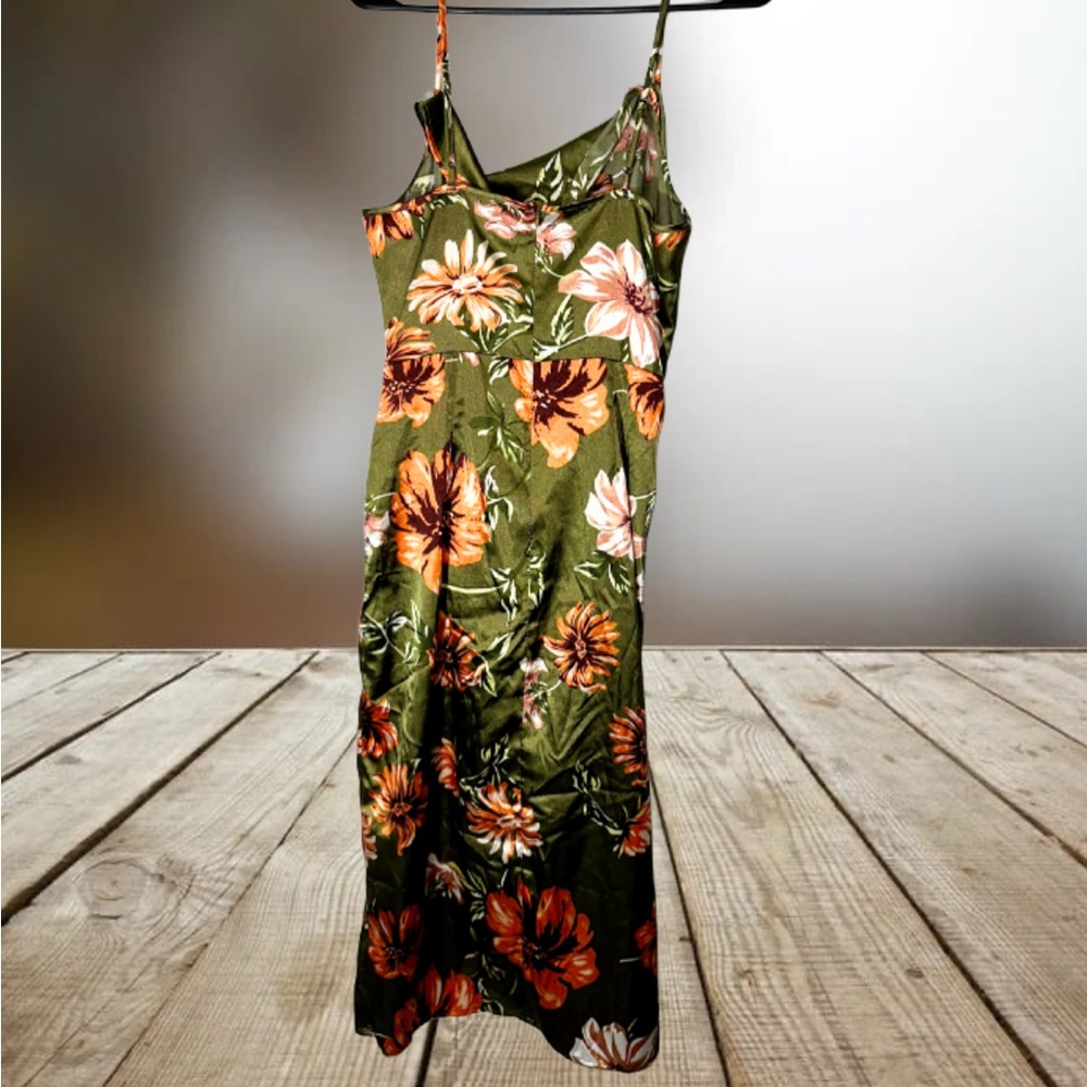 Olive Green Floral Midi Dress with Slit - Picture 2 of 7
